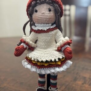 Red and Cream Crochet Doll with Accessories
